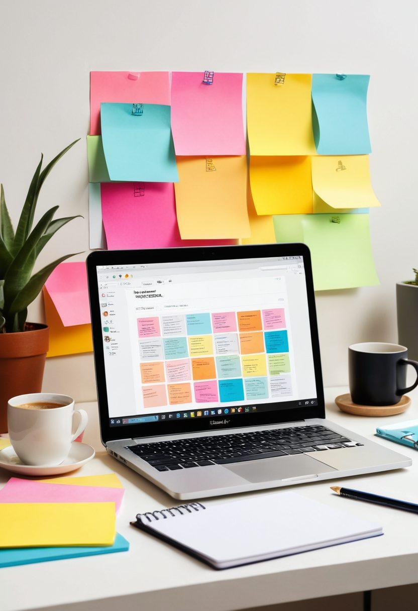 A visually engaging workspace scene showcasing a laptop open with a blog post on the screen, surrounded by colorful sticky notes, a coffee cup, and a notebook filled with ideas. Include vibrant icons of tools and tutorials floating around, representing various blogging resources. The background should be bright and inspiring, with a hint of creativity flowing in the air. super-realistic. vibrant colors. white background.
