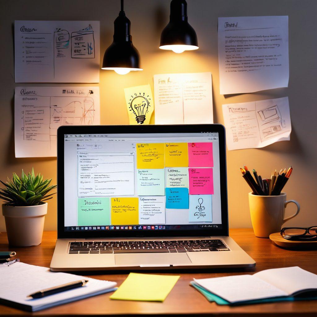 A digital workspace evocative of creativity, featuring an open laptop with a vibrant blog interface, surrounded by colorful sticky notes brimming with tips and insights. Include a steaming cup of coffee, a notebook filled with sketches, and a light bulb glowing above to symbolize ideas. The background should be bright and inviting, suggesting inspiration and productivity. super-realistic. vibrant colors. cozy atmosphere.